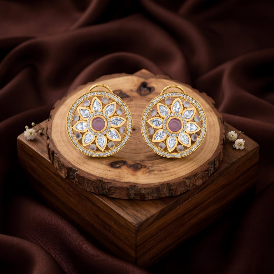 Bhavmayi 14K Gold Round Mandala Stud Earrings with Emerald & Teardrop Diamond Accents - bhavmayi