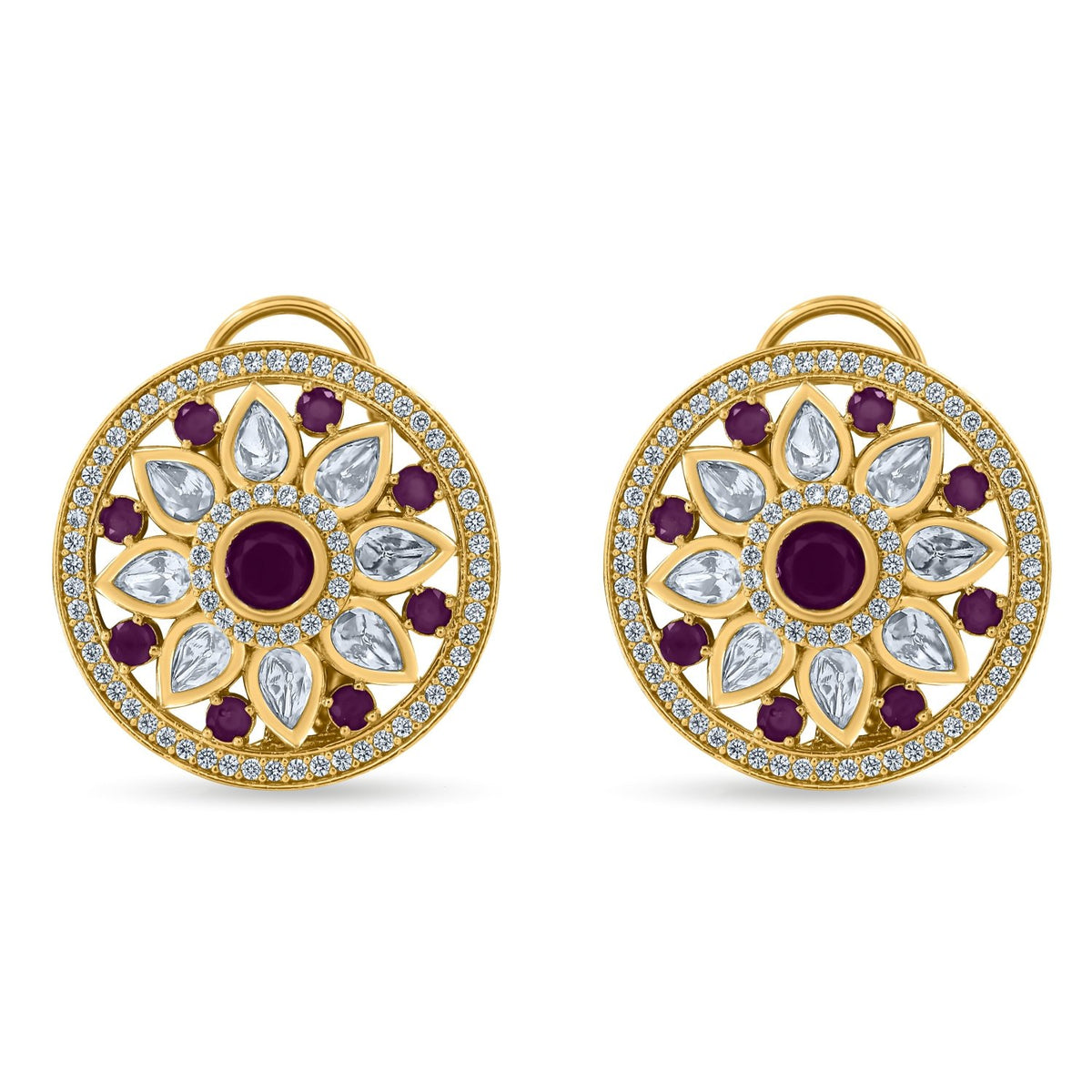 Bhavmayi 14K Gold Round Mandala Stud Earrings with Emerald & Teardrop Diamond Accents - bhavmayi