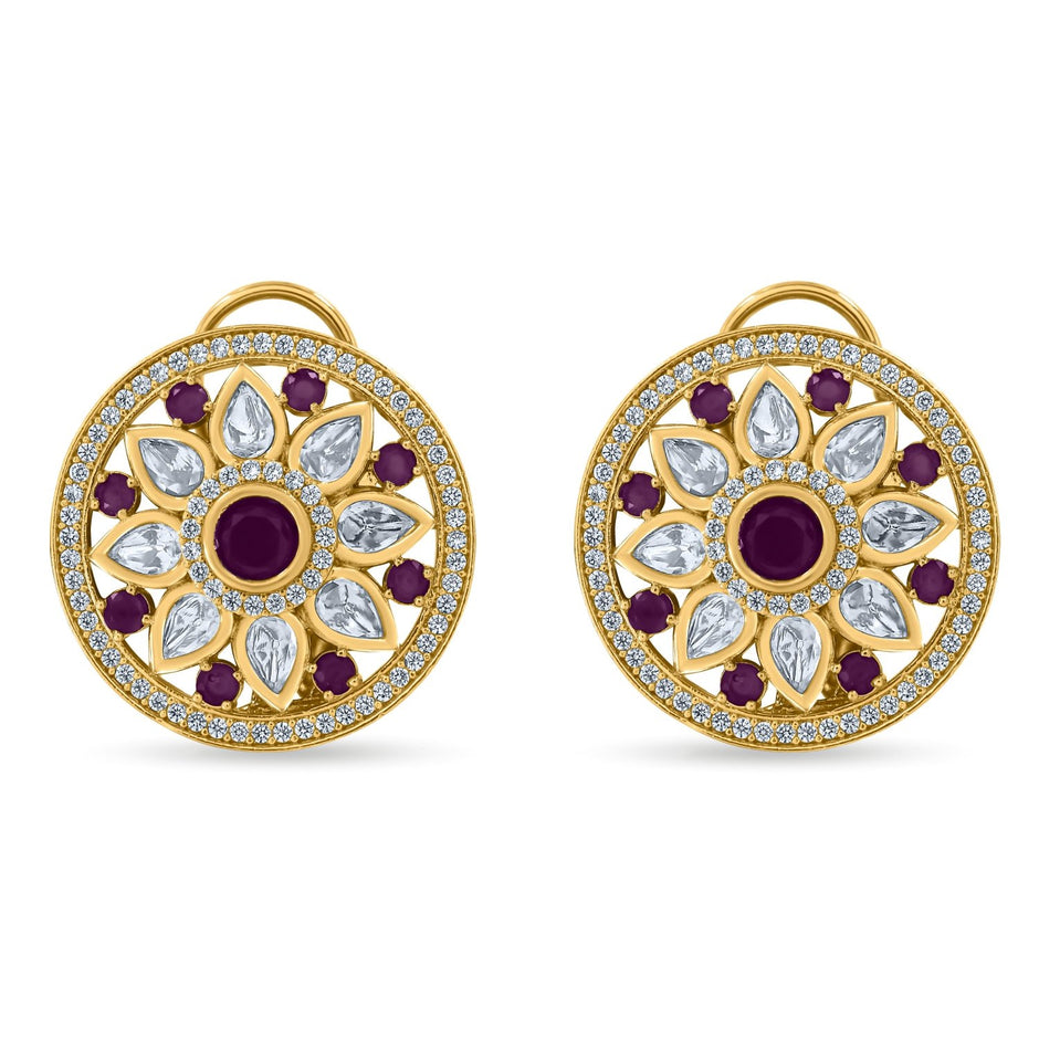 Bhavmayi 14K Gold Round Mandala Stud Earrings with Emerald & Teardrop Diamond Accents - bhavmayi