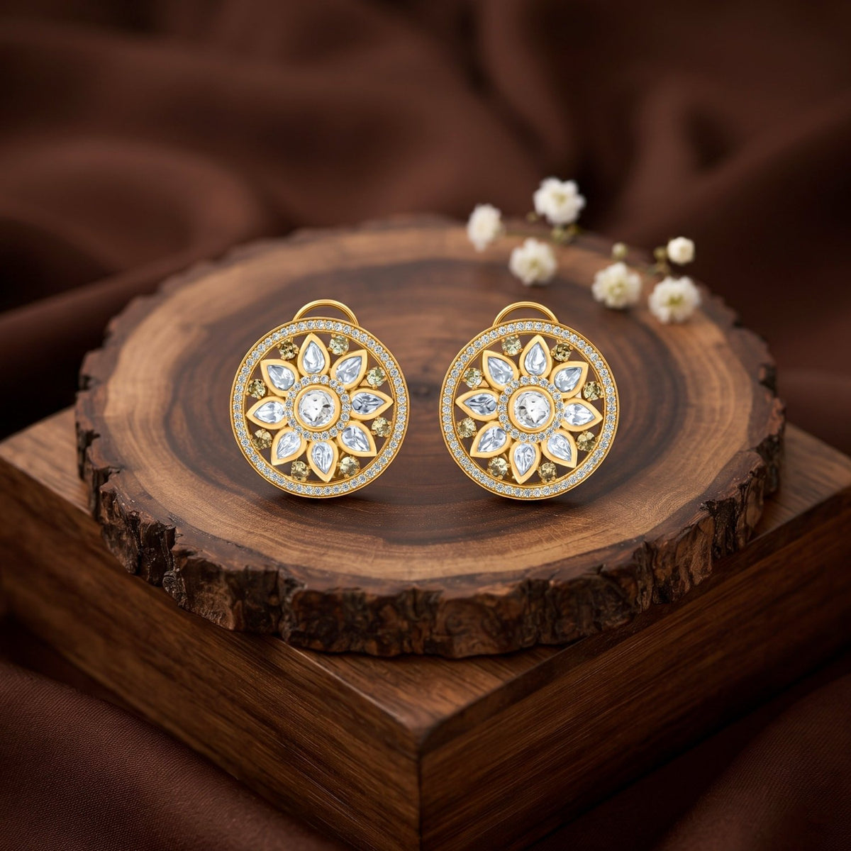 Bhavmayi 14K Gold Round Mandala Stud Earrings with Emerald & Teardrop Diamond Accents - bhavmayi