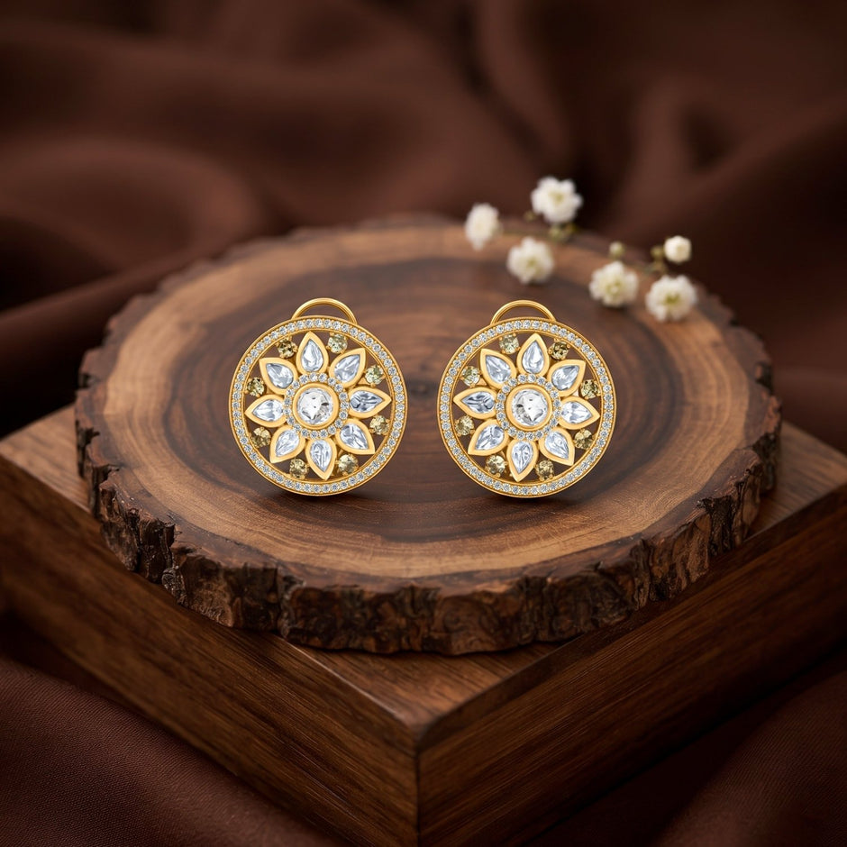 Bhavmayi 14K Gold Round Mandala Stud Earrings with Emerald & Teardrop Diamond Accents - bhavmayi