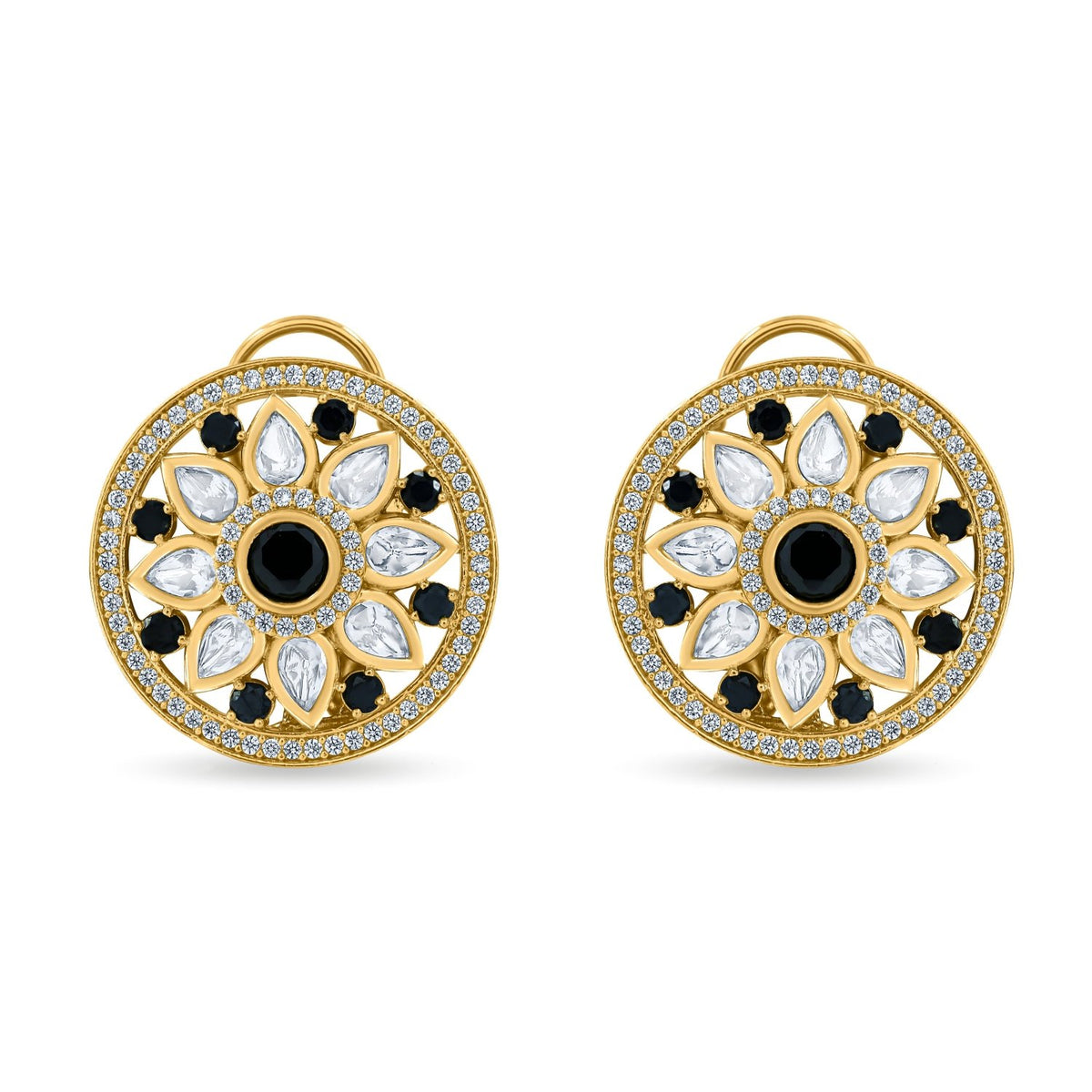 Bhavmayi 14K Gold Round Mandala Stud Earrings with Emerald & Teardrop Diamond Accents - bhavmayi