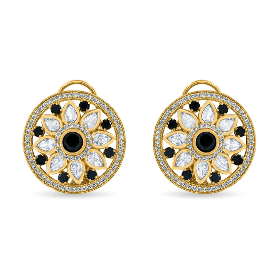 Bhavmayi 14K Gold Round Mandala Stud Earrings with Emerald & Teardrop Diamond Accents - bhavmayi