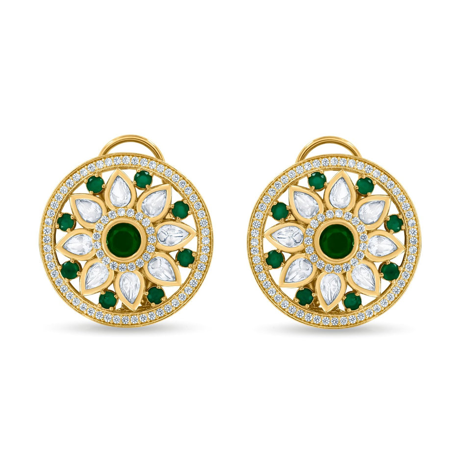 Bhavmayi 14K Gold Round Mandala Stud Earrings with Emerald & Teardrop Diamond Accents - bhavmayi