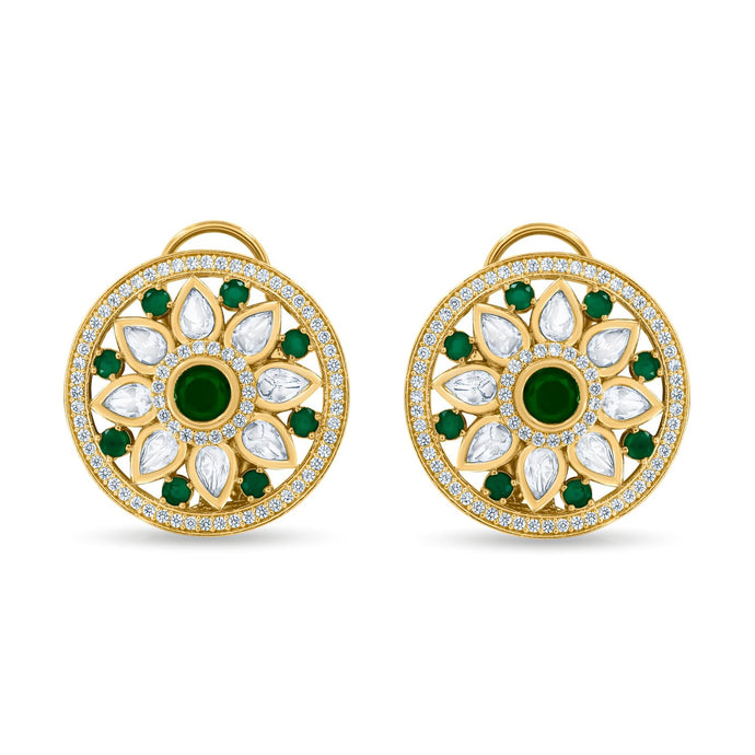 Bhavmayi 14K Gold Round Mandala Stud Earrings with Emerald & Teardrop Diamond Accents - bhavmayi