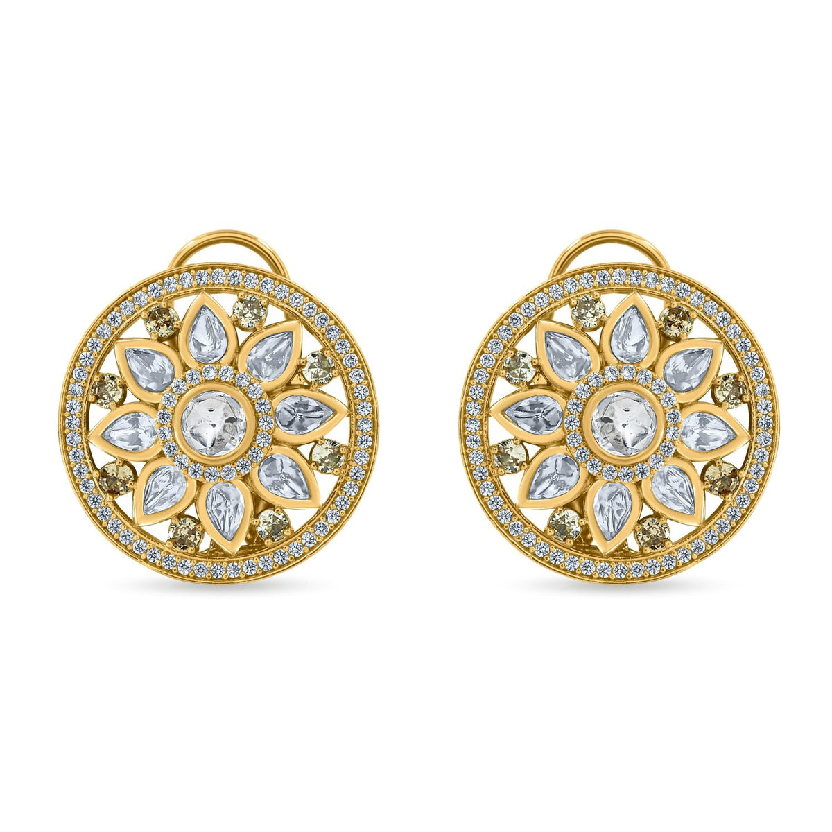 Bhavmayi 14K Gold Round Mandala Stud Earrings with Emerald & Teardrop Diamond Accents - bhavmayi