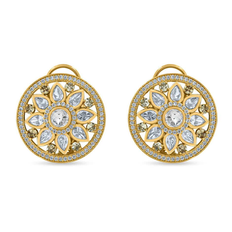 Bhavmayi 14K Gold Round Mandala Stud Earrings with Emerald & Teardrop Diamond Accents - bhavmayi