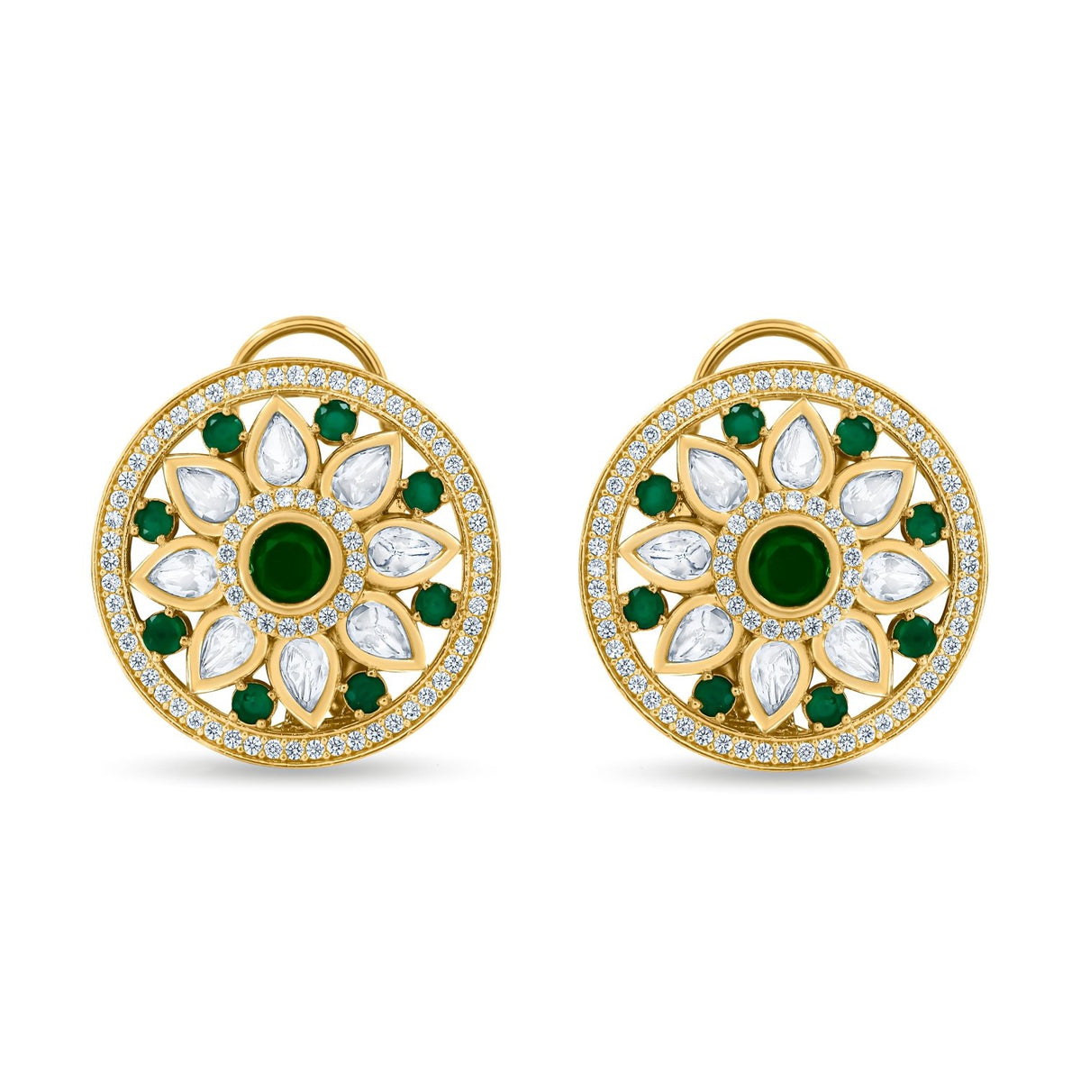 Bhavmayi 14K Gold Round Mandala Stud Earrings with Emerald & Teardrop Diamond Accents - bhavmayi