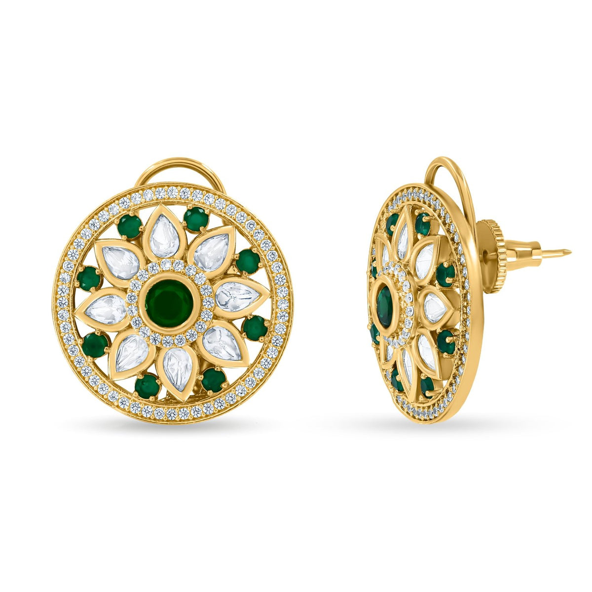 Bhavmayi 14K Gold Round Mandala Stud Earrings with Emerald & Teardrop Diamond Accents - bhavmayi