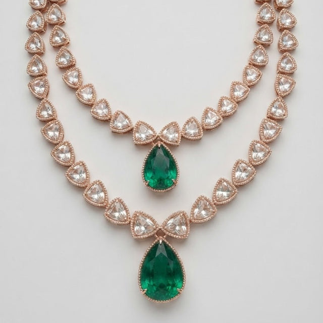 Bhavmayi 14K Regal Emerald Teardrop Polki-Style Statement Necklace Set - bhavmayi