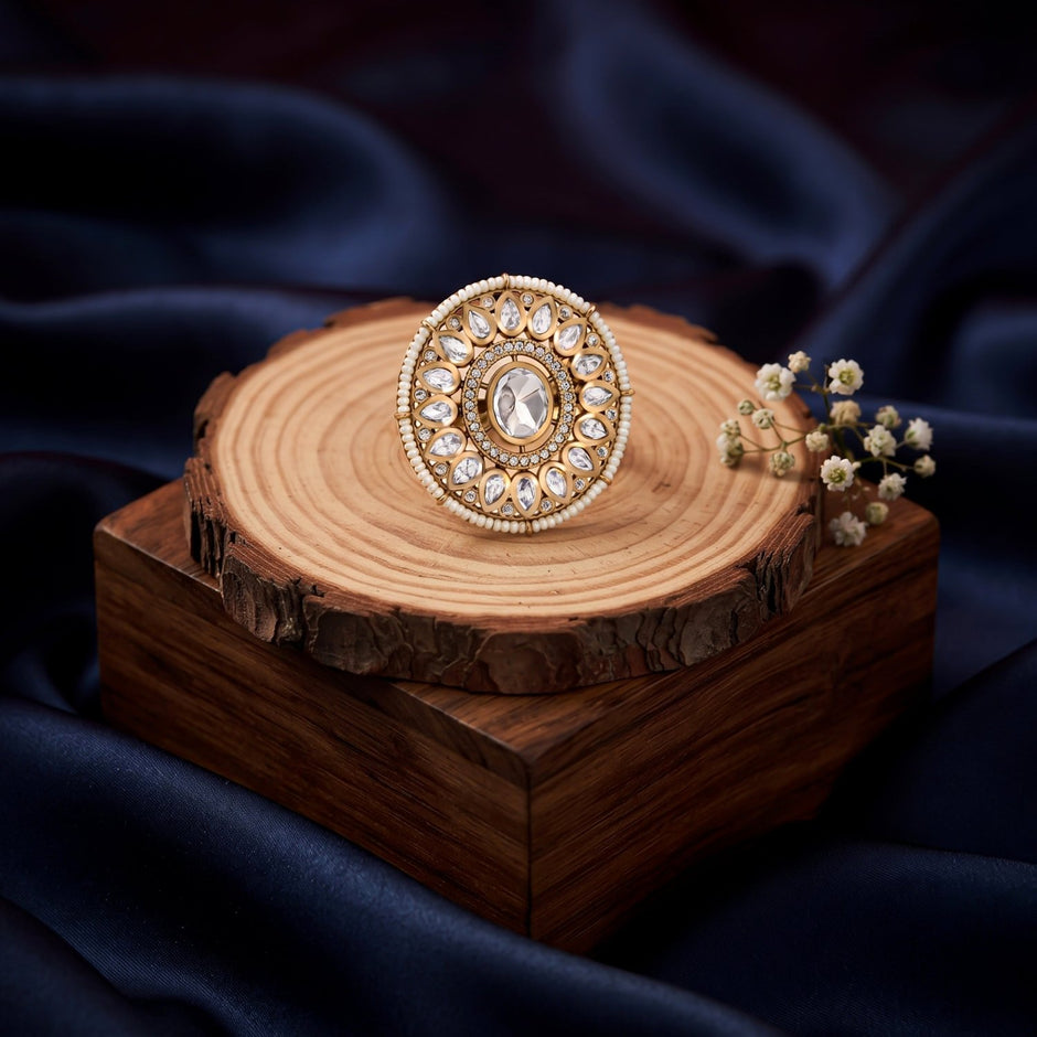 Bhavmayi 14K Yellow Gold Ruby and Diamond Floral Mandala Statement Ring with Seed Pearl Halo - bhavmayi