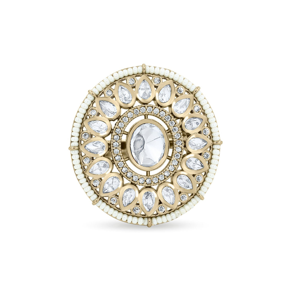 Bhavmayi 14K Yellow Gold Ruby and Diamond Floral Mandala Statement Ring with Seed Pearl Halo - bhavmayi