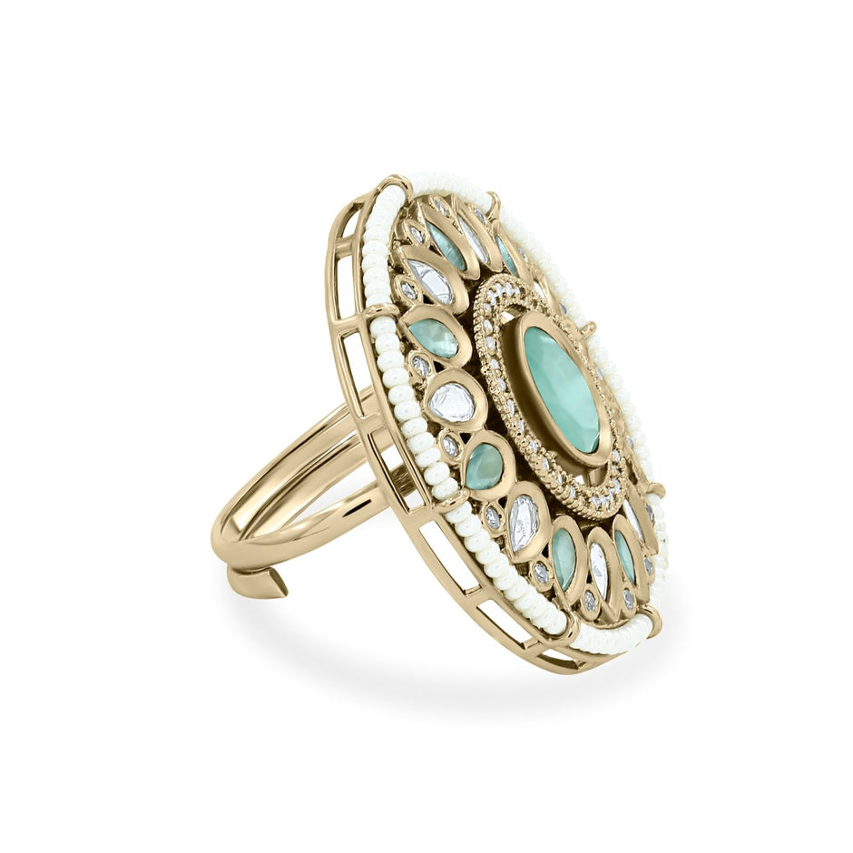 Bhavmayi 14K Yellow Gold Ruby and Diamond Floral Mandala Statement Ring with Seed Pearl Halo - bhavmayi
