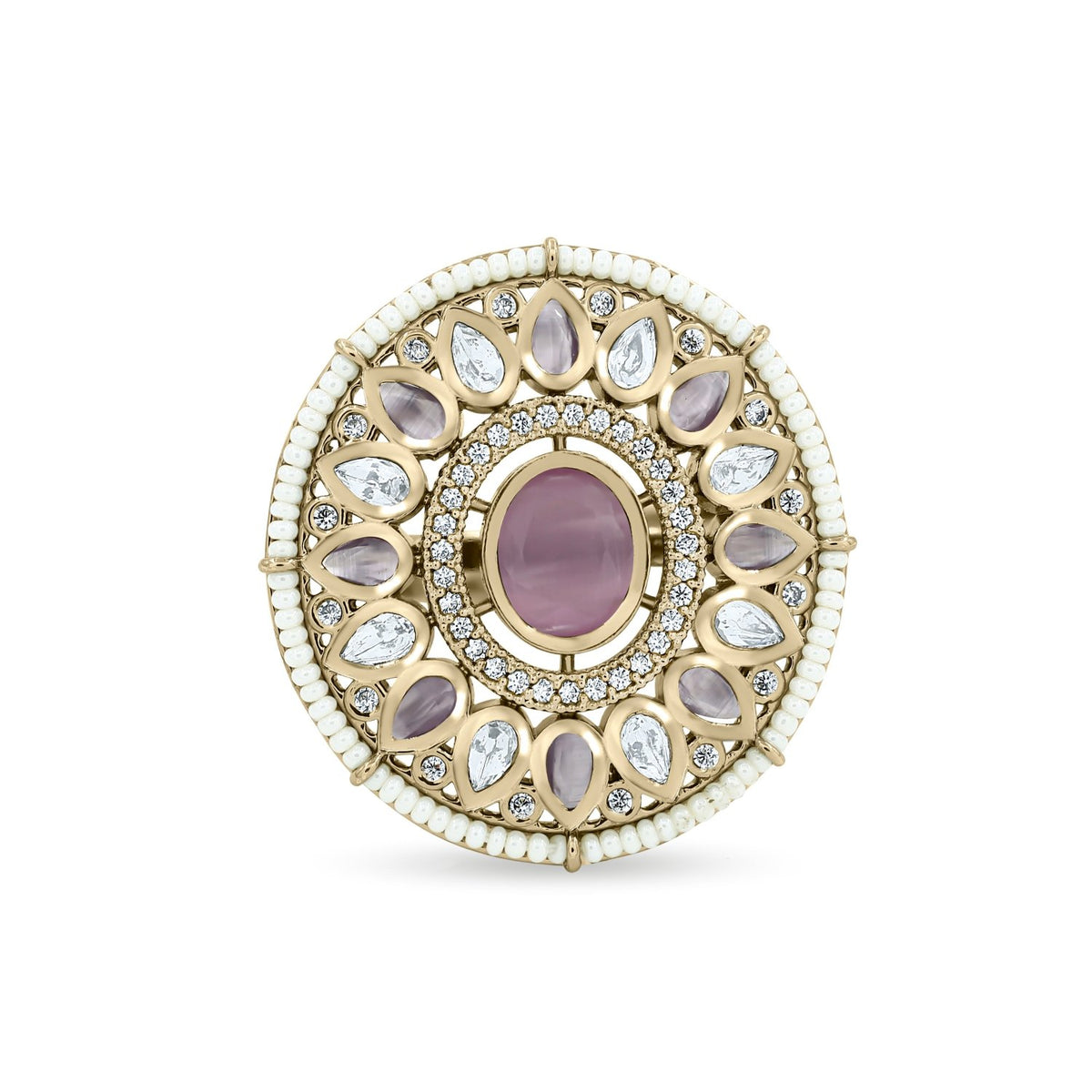Bhavmayi 14K Yellow Gold Ruby and Diamond Floral Mandala Statement Ring with Seed Pearl Halo - bhavmayi