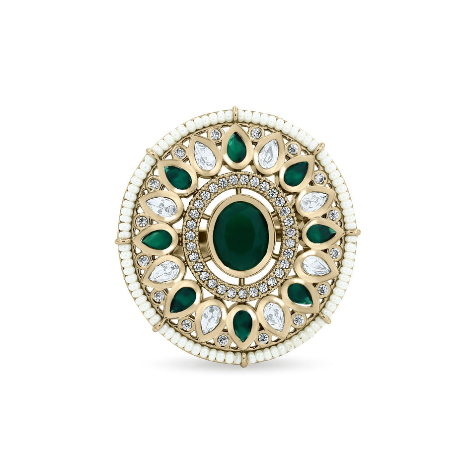 Bhavmayi 14K Yellow Gold Ruby and Diamond Floral Mandala Statement Ring with Seed Pearl Halo - bhavmayi