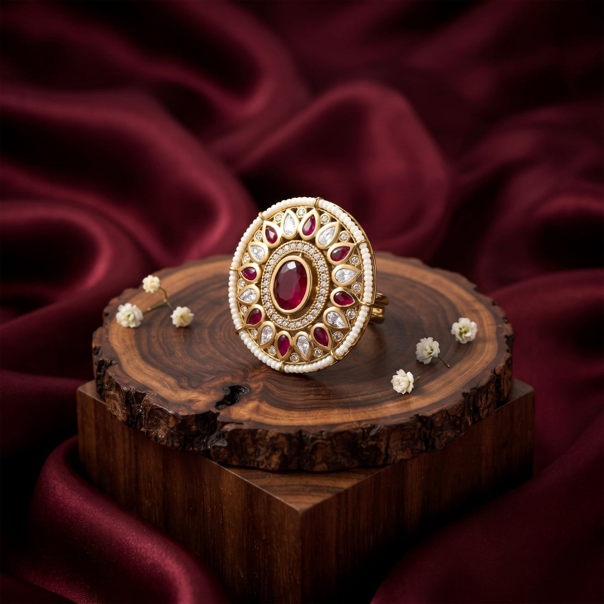 Bhavmayi 14K Yellow Gold Ruby and Diamond Floral Mandala Statement Ring with Seed Pearl Halo - bhavmayi