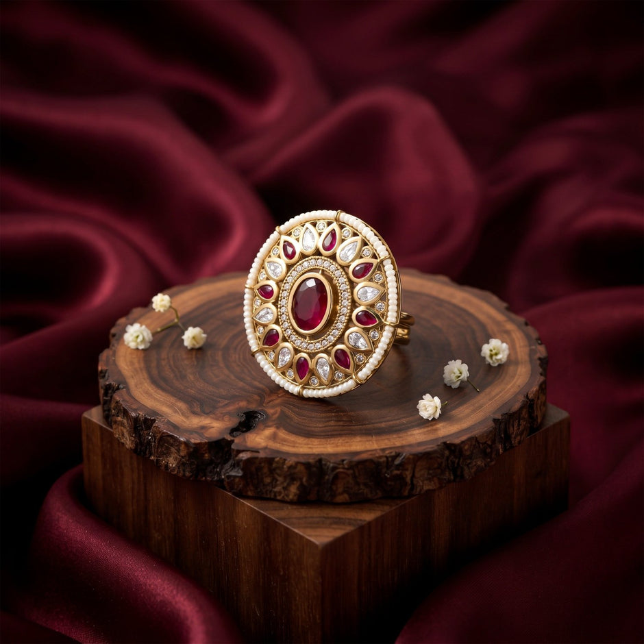Bhavmayi 14K Yellow Gold Ruby and Diamond Floral Mandala Statement Ring with Seed Pearl Halo - bhavmayi