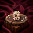 Bhavmayi 14K Yellow Gold Ruby and Diamond Floral Mandala Statement Ring with Seed Pearl Halo - bhavmayi