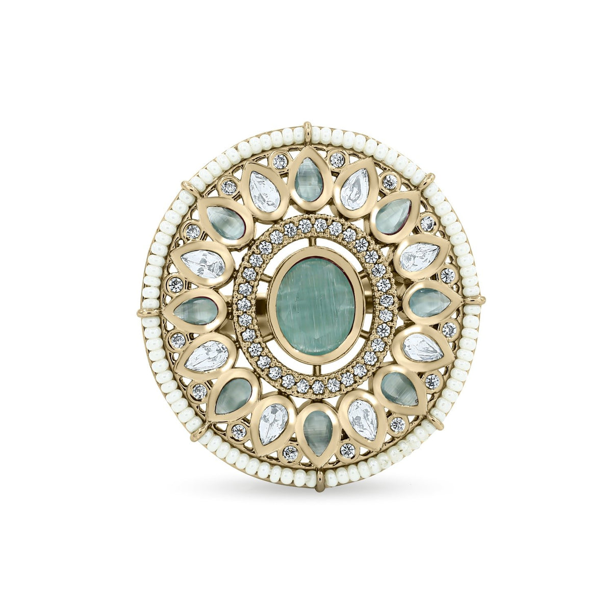 Bhavmayi 14K Yellow Gold Ruby and Diamond Floral Mandala Statement Ring with Seed Pearl Halo - bhavmayi