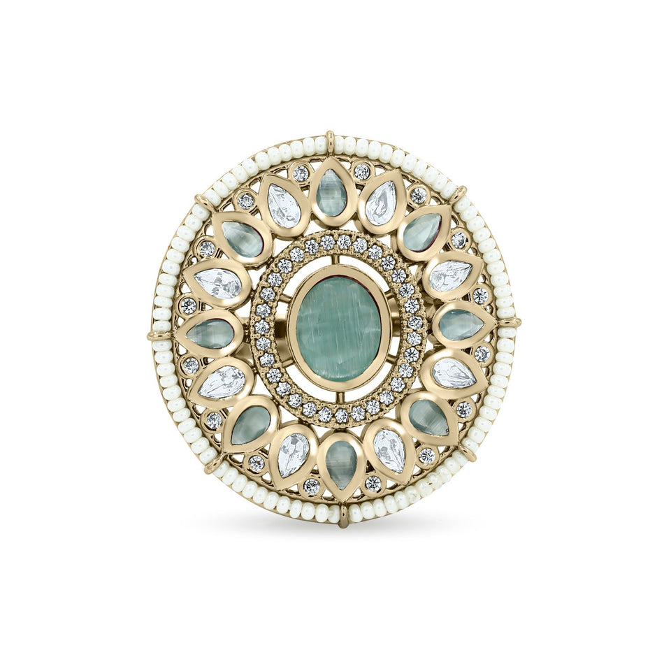 Bhavmayi 14K Yellow Gold Ruby and Diamond Floral Mandala Statement Ring with Seed Pearl Halo - bhavmayi