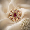 Bhavmayi 14K Yellow Gold Ruby and Diamond Floral Mandala Statement Ring with Seed Pearl Halo - bhavmayi