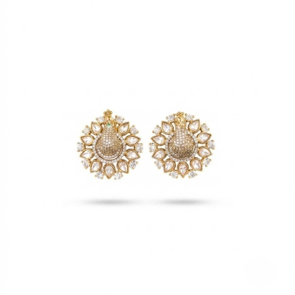 Bhavmayi 3D Pave Peacock Stud Gold Style Earrings with Fanned Polki Kundan Feather Wreath - bhavmayi