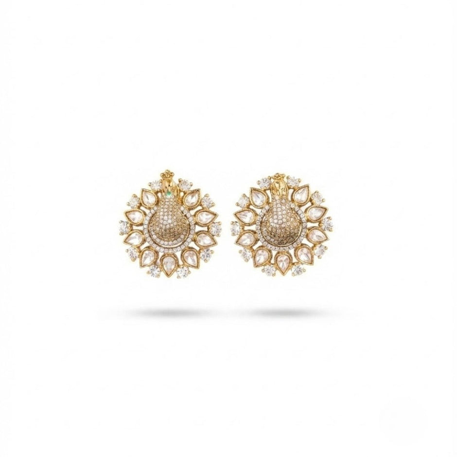 Bhavmayi 3D Pave Peacock Stud Gold Style Earrings with Fanned Polki Kundan Feather Wreath - bhavmayi