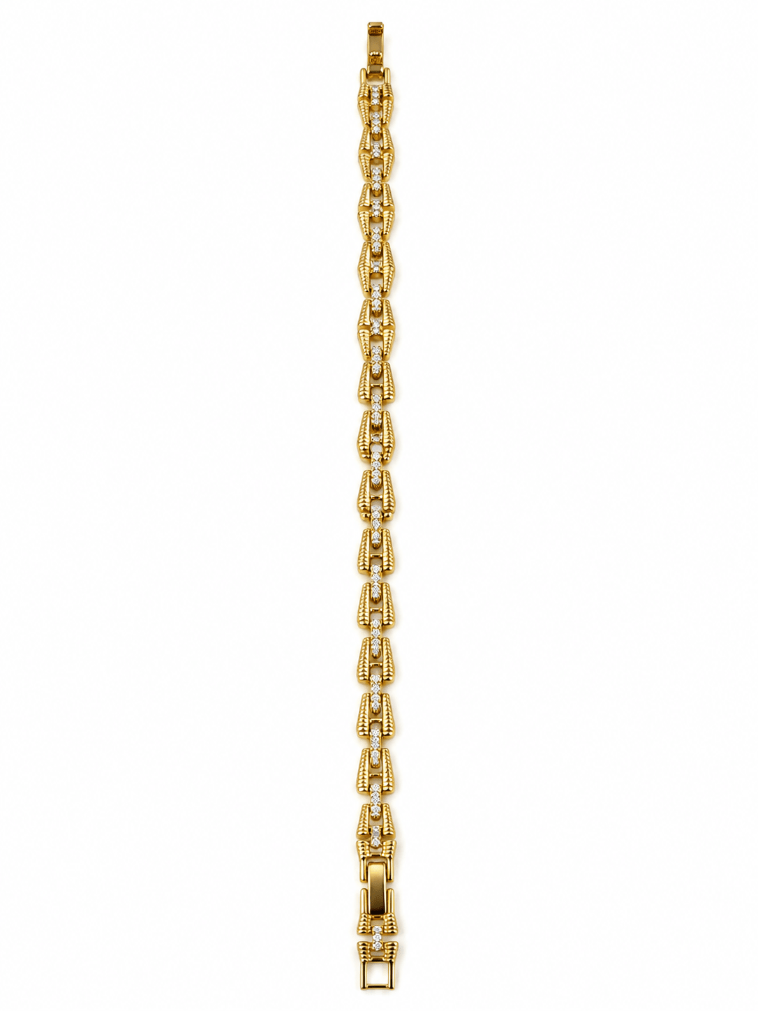 Bhavmayi golden bracelets with varied link designs and clear sparkling stone-like accents shown worn on the wrist