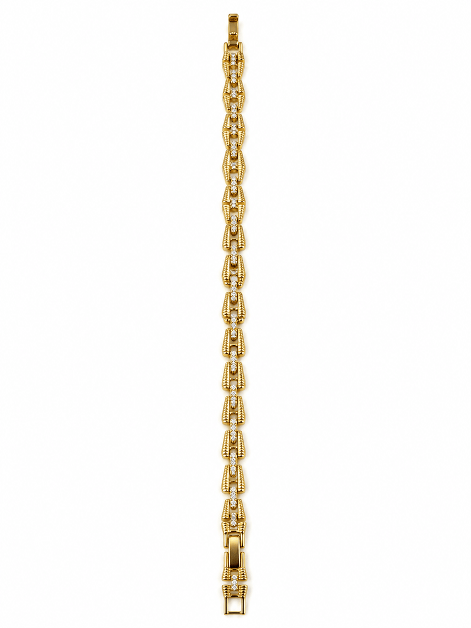 Bhavmayi golden bracelets with varied link designs and clear sparkling stone-like accents shown worn on the wrist