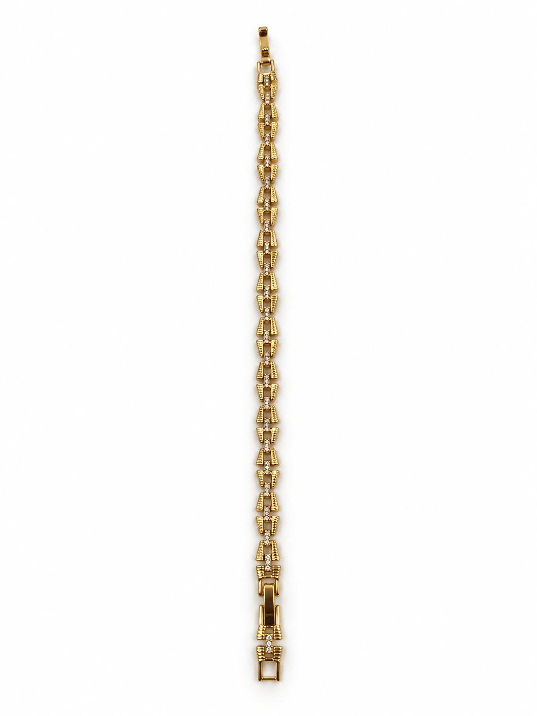 Bhavmayi golden bracelets with varied link designs and clear sparkling stone-like accents shown worn on the wrist