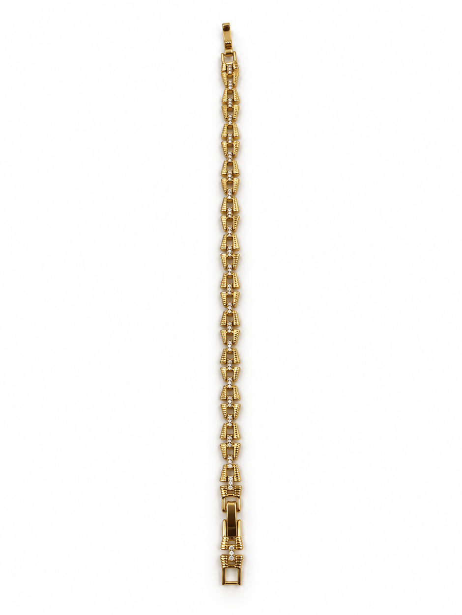 Bhavmayi golden bracelets with varied link designs and clear sparkling stone-like accents shown worn on the wrist