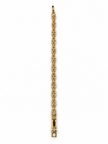 Bhavmayi golden bracelets with varied link designs and clear sparkling stone-like accents shown worn on the wrist