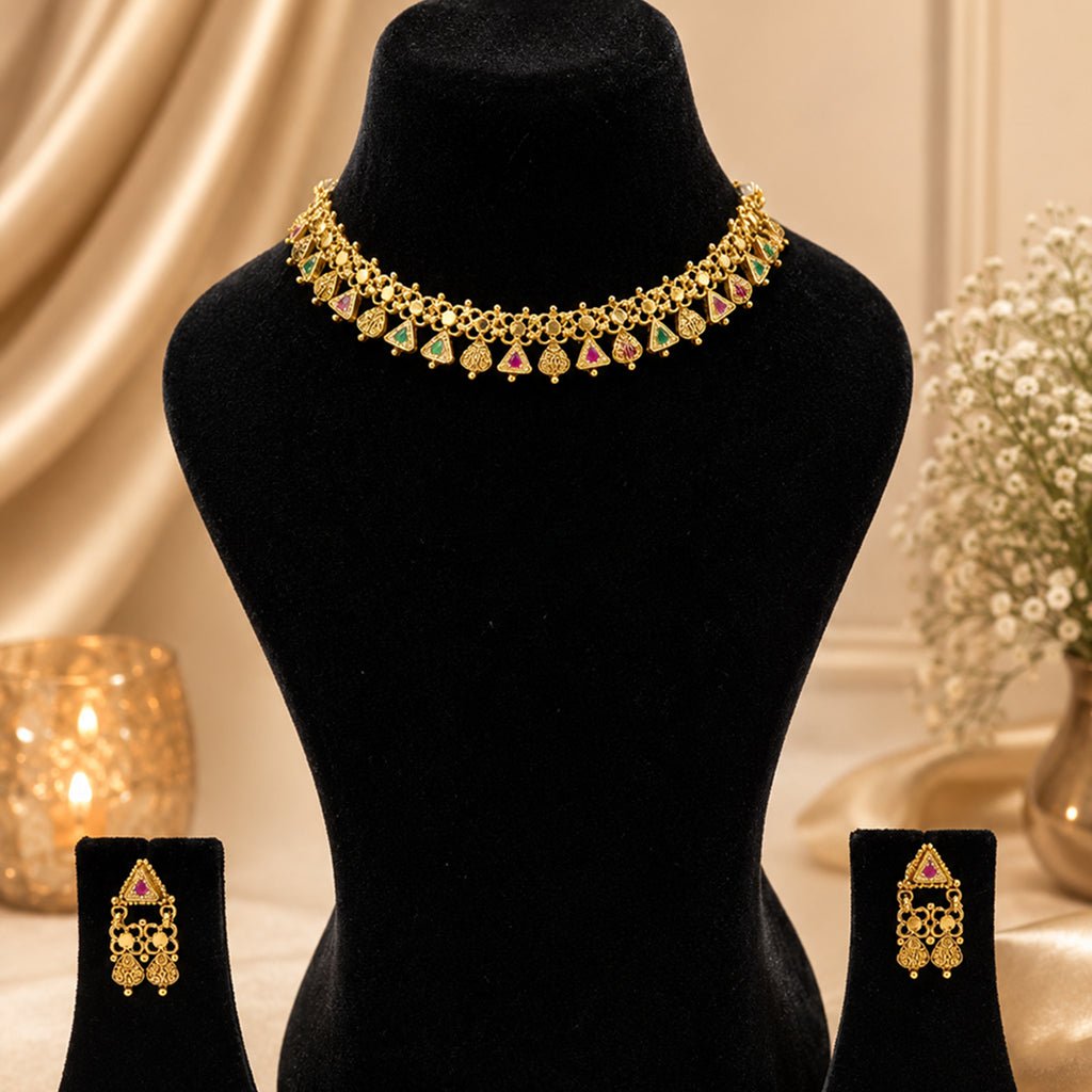Bhavmayi Antique Floral Ruby Emerald Necklace Set - bhavmayi