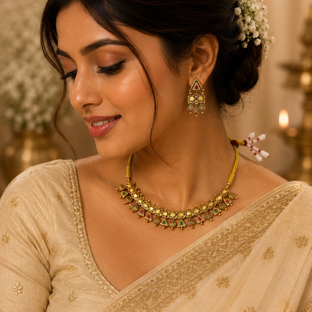 Bhavmayi Antique Floral Ruby Emerald Necklace Set - bhavmayi