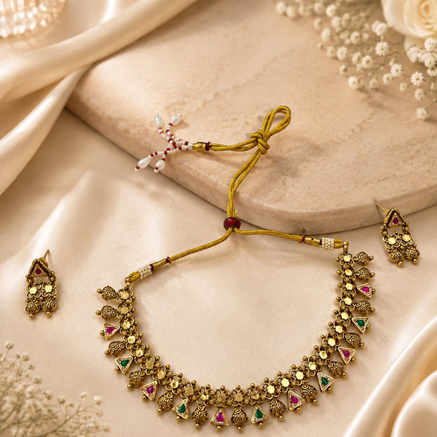 Bhavmayi Antique Floral Ruby Emerald Necklace Set - bhavmayi