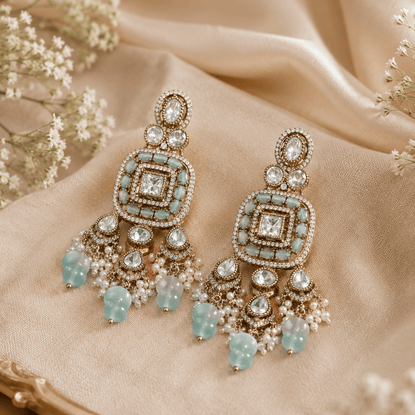 Bhavmayi Antique Gold Mint Green Cats-Eye Gemstone & Uncut Polki Kundan Statement Earrings with Seed Pearl Clusters - bhavmayi