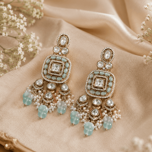 Bhavmayi Antique Gold Mint Green Cats-Eye Gemstone & Uncut Polki Kundan Statement Earrings with Seed Pearl Clusters - bhavmayi