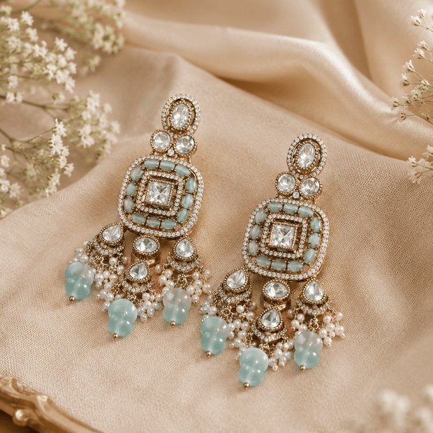 Bhavmayi Antique Gold Mint Green Cats-Eye Gemstone & Uncut Polki Kundan Statement Earrings with Seed Pearl Clusters - bhavmayi