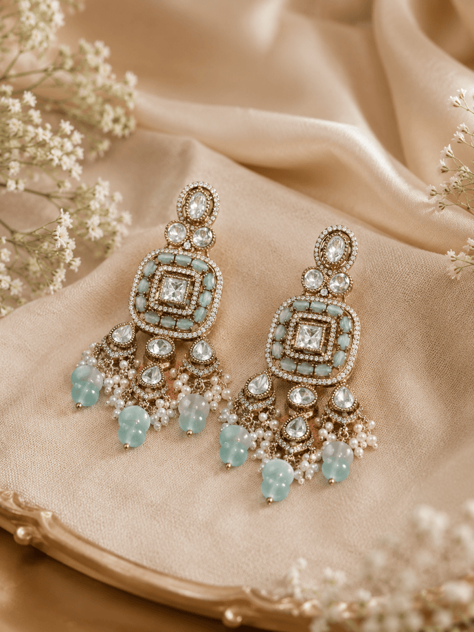 Bhavmayi Antique Gold Mint Green Cats-Eye Gemstone & Uncut Polki Kundan Statement Earrings with Seed Pearl Clusters - bhavmayi