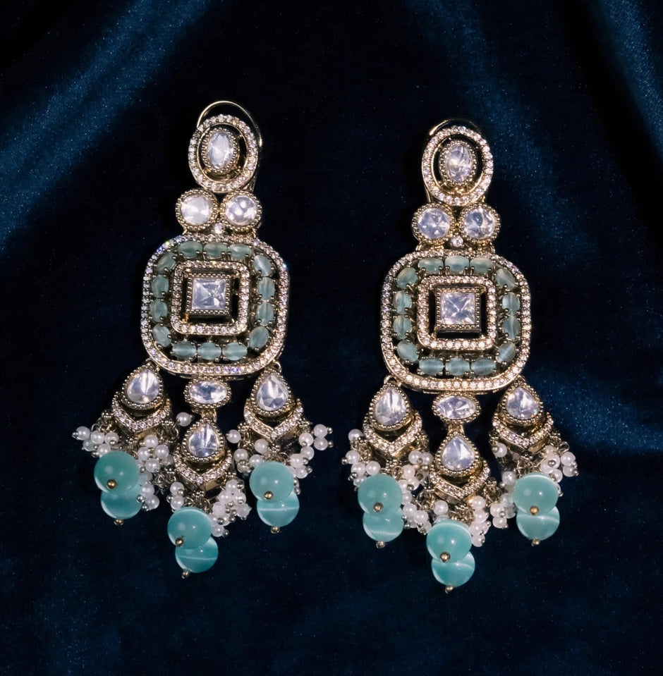 Bhavmayi Antique Gold Mint Green Cats-Eye Gemstone & Uncut Polki Kundan Statement Earrings with Seed Pearl Clusters - bhavmayi