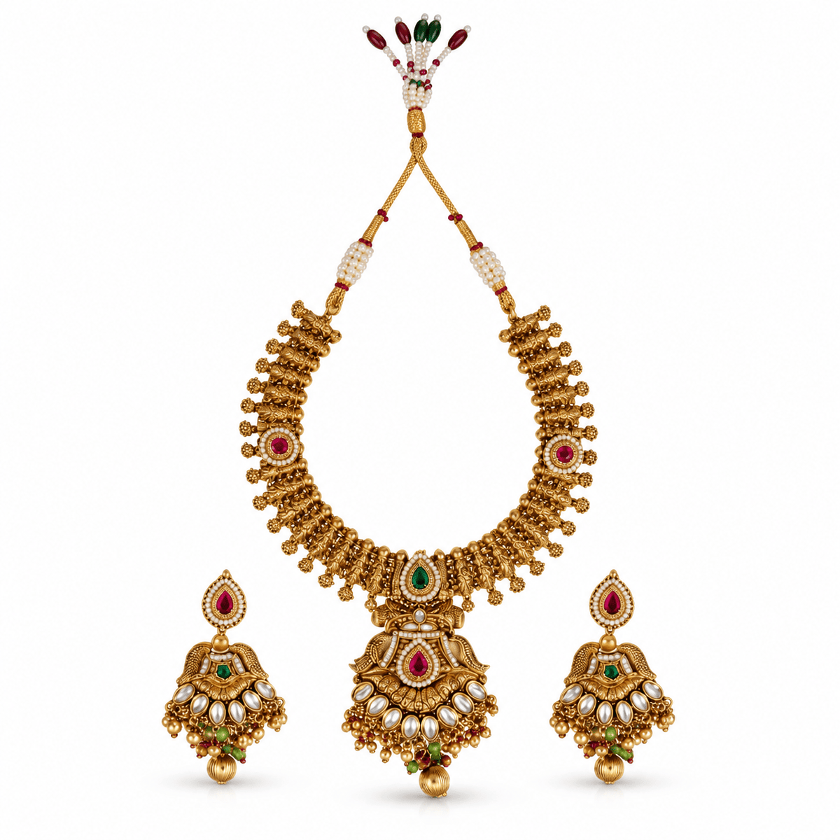 Bhavmayi antique gold-tone traditional necklace set with maroon and green accents, ornate pendant and matching earrings - bhavmayi