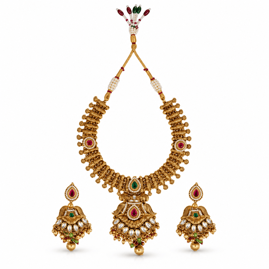Bhavmayi antique gold-tone traditional necklace set with maroon and green accents, ornate pendant and matching earrings - bhavmayi