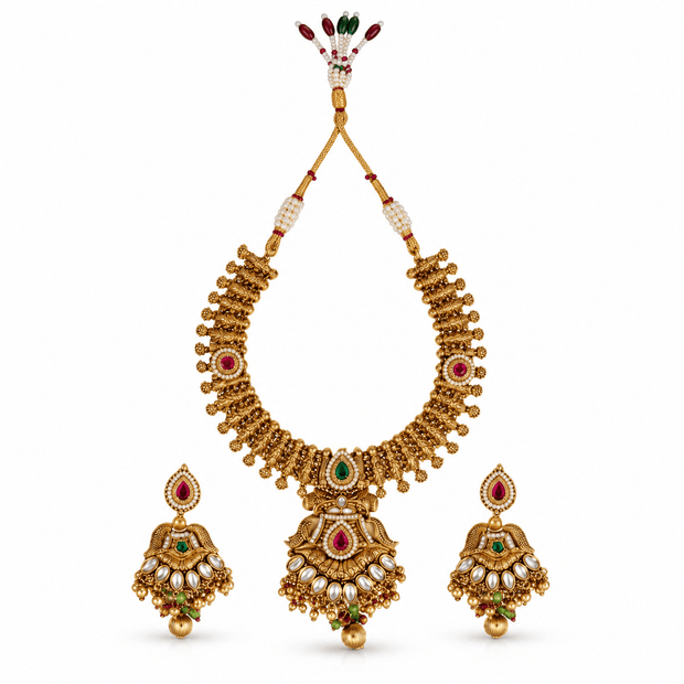 Bhavmayi antique gold-tone traditional necklace set with maroon and green accents, ornate pendant and matching earrings - bhavmayi