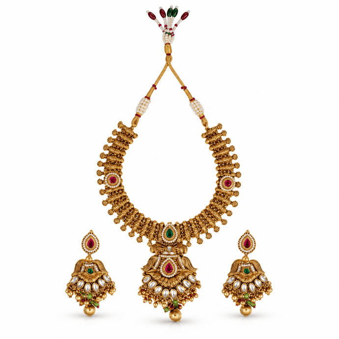 Bhavmayi antique gold-tone traditional necklace set with maroon and green accents, ornate pendant and matching earrings - bhavmayi