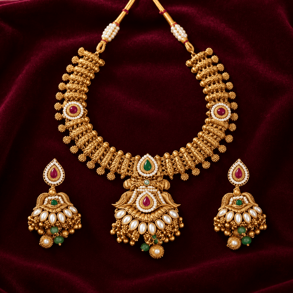 Bhavmayi antique gold-tone traditional necklace set with maroon and green accents, ornate pendant and matching earrings - bhavmayi
