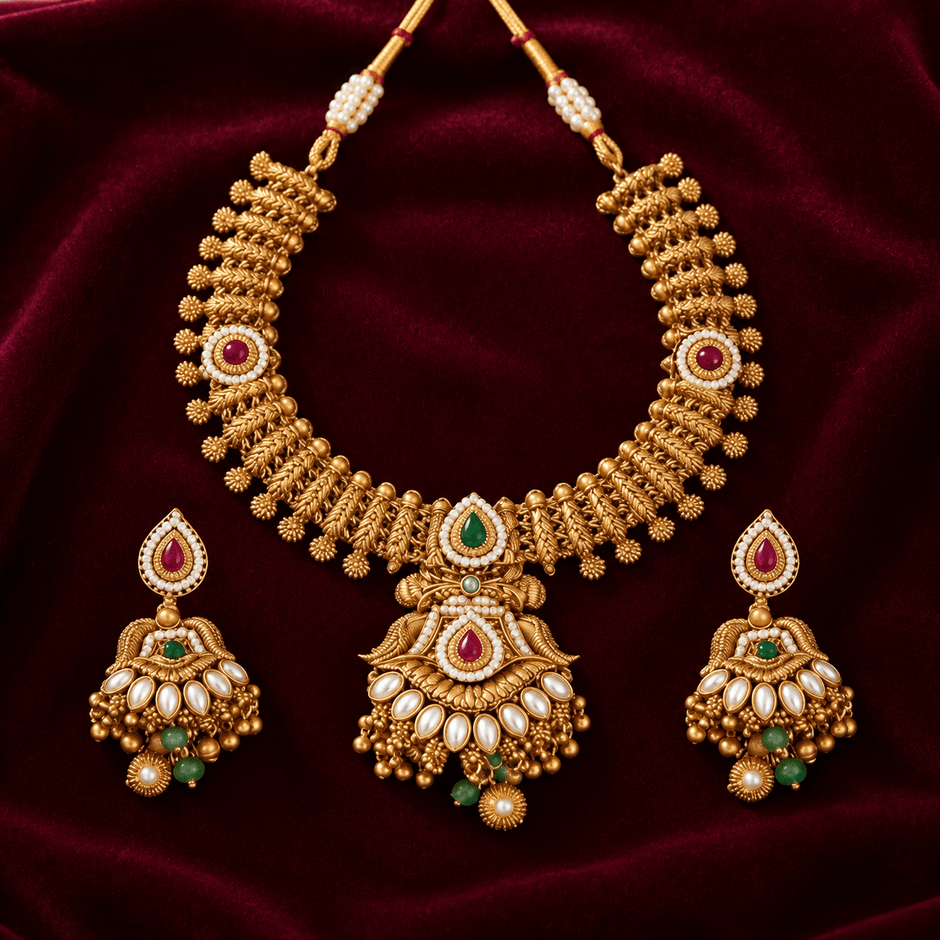 Bhavmayi antique gold-tone traditional necklace set with maroon and green accents, ornate pendant and matching earrings - bhavmayi