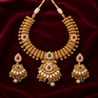 Bhavmayi antique gold-tone traditional necklace set with maroon and green accents, ornate pendant and matching earrings - bhavmayi