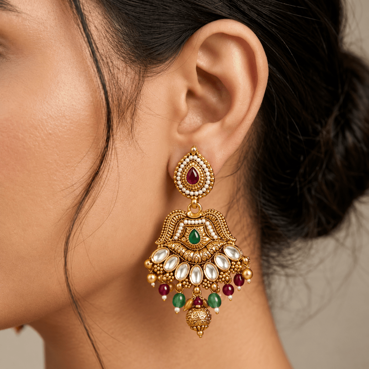 Bhavmayi antique gold-tone traditional necklace set with maroon and green accents, ornate pendant and matching earrings - bhavmayi