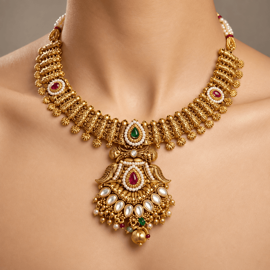 Bhavmayi antique gold-tone traditional necklace set with maroon and green accents, ornate pendant and matching earrings - bhavmayi