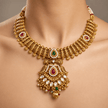 Bhavmayi antique gold-tone traditional necklace set with maroon and green accents, ornate pendant and matching earrings - bhavmayi